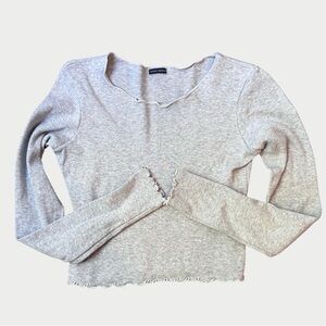 Light Grey Lettuce Trimmed Long Sleeve Top